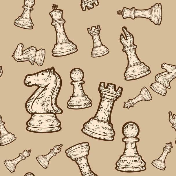 Seamless sepia set of chess pieces. Engraving raster illustration. Sketch scratch - Photo, Image
