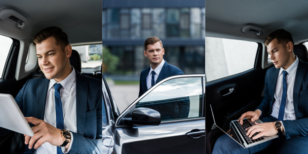 Коллаж бизнесмена с помощью устройств и стоящих возле автомобиля на открытом воздухе, баннер - Фото, изображение