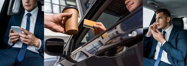 Collage of businessman using smartphone and holding credit card in car near seller with coffee to go, banner - Foto, Imagen