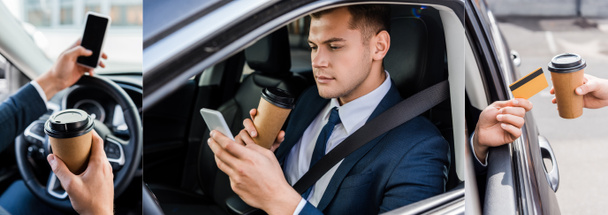 Collage d'un homme d'affaires utilisant un smartphone et tenant la carte de crédit près du vendeur avec du café pour aller près de la voiture, bannière - Photo, image