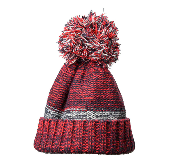 Χειμώνας πλεκτό κόκκινο-μαύρο καπέλο με πομπόν απομονώνονται σε λευκό φόντο, άνετα ρούχα - Φωτογραφία, εικόνα