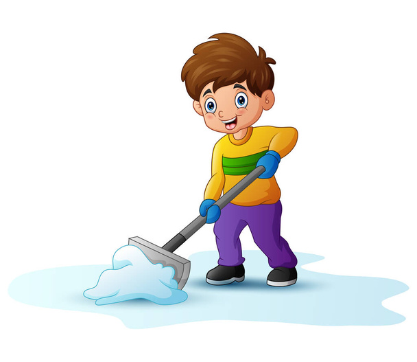 Cartoon boy limpiando nieve usando una pala - Vector, imagen