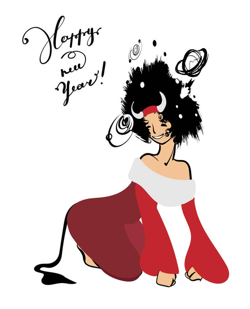 Dívka v novém červenobílém obleku. Černé vlasy, prostor a planety. S rohy. Nápis Šťastný Nový rok. Novoroční ilustrace. Vtipné roztomilé kreslené - Vektor, obrázek