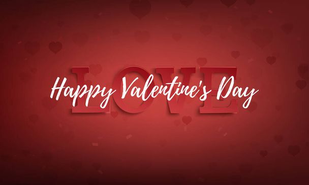 Happy Valentines Day greeting card on red background fith hearts. Poster, banner, brochure or flyer template. - Vektor, Bild