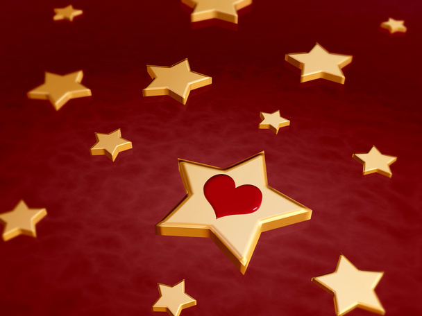 3d kultaiset tähdet punaisella sydämellä
 - Valokuva, kuva