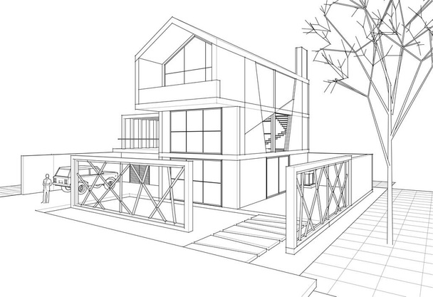 casa bosquejo arquitectónico 3d ilustración - Vector, Imagen