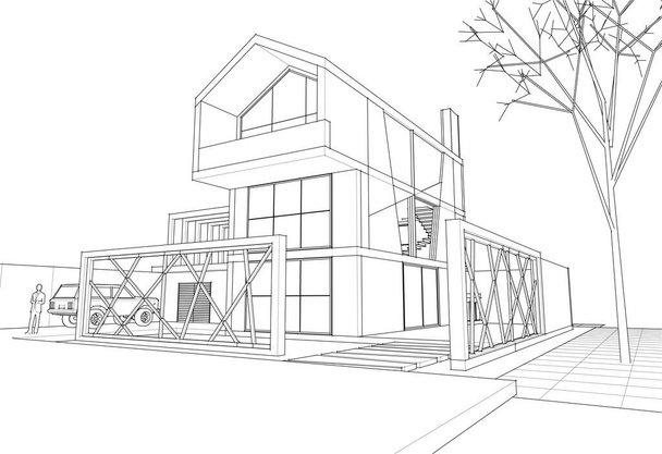 dom architektoniczny szkic 3d ilustracja - Wektor, obraz