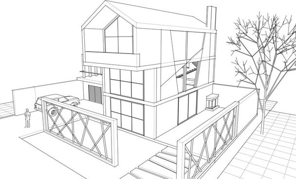 家の建築スケッチ3Dイラスト - ベクター画像