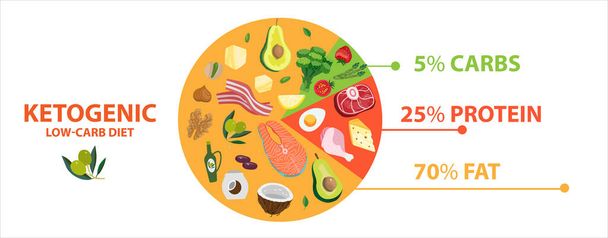 Keto dieet voedsel diagram cirkel grafiek. Ketogene info grafische taart van gezonde voeding. Vector illustratie banner met low-carb dieet macro 's basisinformatie van dieetproducten met data-indicatoren. - Vector, afbeelding