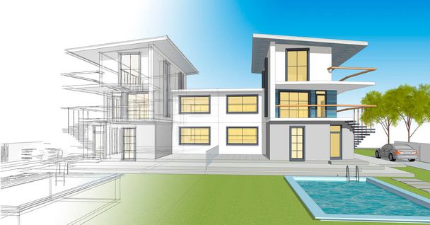 casa adosada boceto arquitectónico 3d ilustración - Foto, Imagen