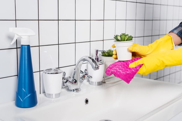 Cropped view of woman cleaning potted plant near bottle of detergent on sink in bathroom  - Фото, изображение