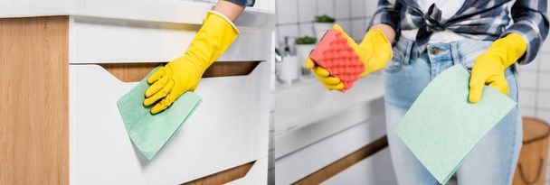 Collage of woman in rubber gloves holding sponge and cleaning sink with rag in bathroom, banner  - Fotoğraf, Görsel