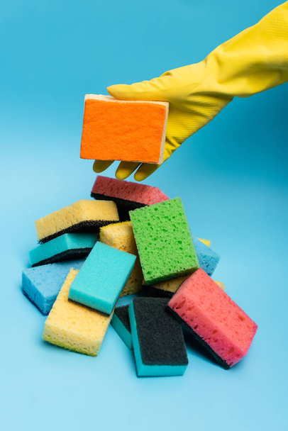 Cropped view of hand in rubber glove holding sponge near colorful sponges on blue background - Foto, Imagem