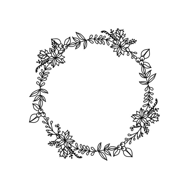 Círculo de coroa de esboço em estilo vetorial plano. Desenho contínuo de uma linha Natal, Aniversário, Dia dos Namorados ou coroa de flores do dia das mulheres - Vetor, Imagem