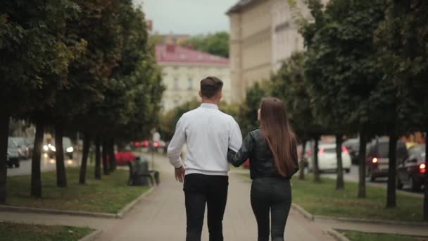 A man and a woman are walking in the park. They are talking and holding hands. Shooting from behind. 4K - Footage, Video