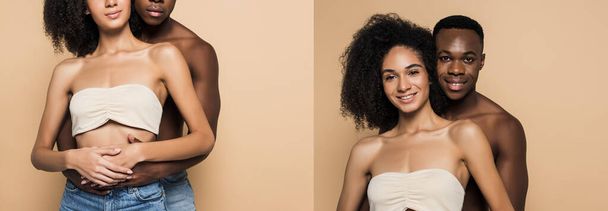 collage of shirtless african american man hugging happy woman isolated on beige - Photo, Image
