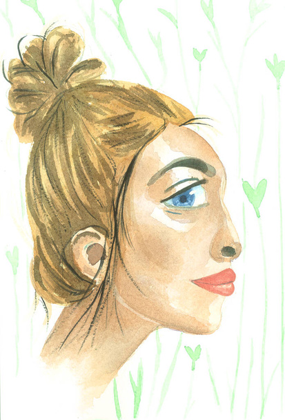 Aquarel mode vrouw portret, schilderen schoonheid illustratie, met de hand getekend profiel van jong meisje - Foto, afbeelding