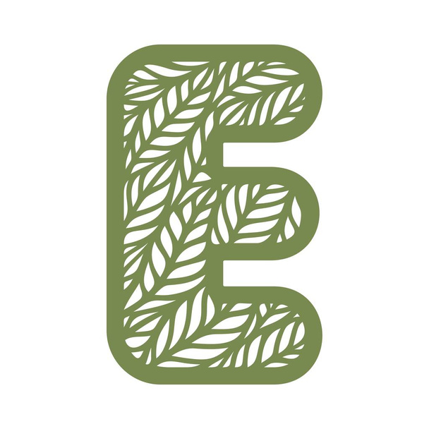 List E z wzorem liści. Zielony obiekt na białym tle. Temat roślin. Otwarte logo botaniczne, znak, ikona dla naturalnych, ekologicznych produktów. Letni lub wiosenny alfabet, czcionka. Ilustracja wektora - Wektor, obraz