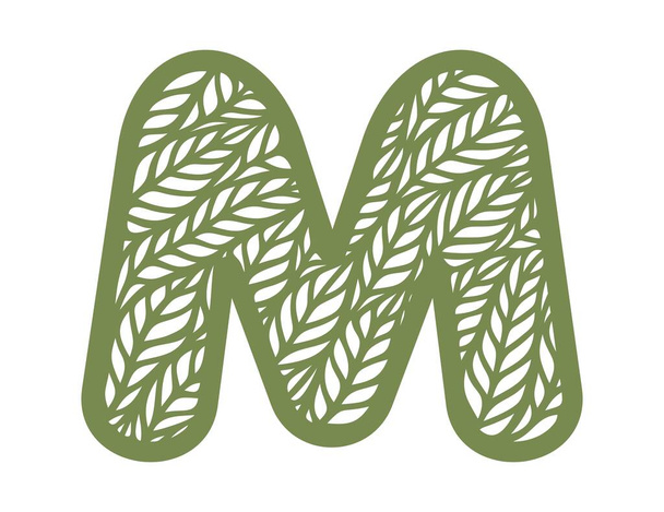 Letter M with a pattern of leaves. Green object on a white background. Plants theme. Openwork botanical logo, sign, icon for natural, eco products. Summer or spring alphabet, font. Vector illustration - Vector, Image