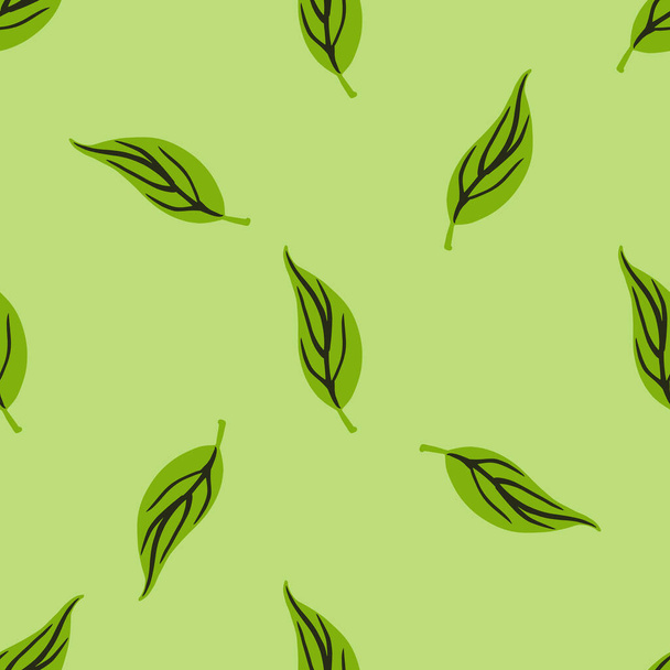 緑のパテルの葉のシルエットとシームレスなランダムパターン。ミニマルなスタイル。テキスタイル、ファブリック、ギフトラップ、壁紙のためのフラットベクトルプリント。エンドレスイラスト. - ベクター画像