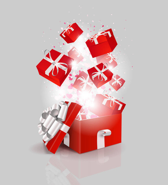 Festive design element, red box with lid and white bow, set of boxes like flash - Vektor, kép