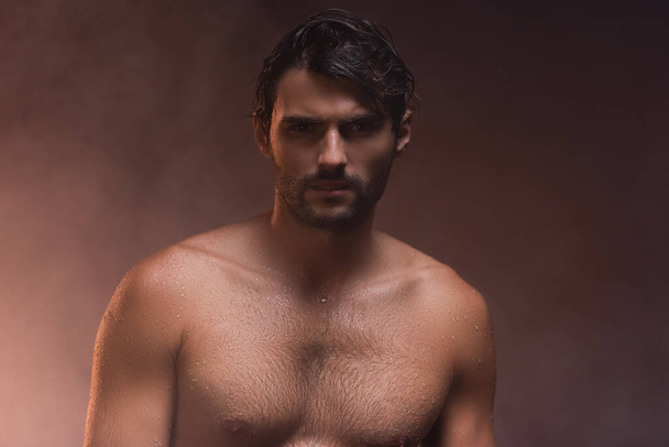 wet, shirtless man looking at camera while posing on dark background with smoke - Φωτογραφία, εικόνα