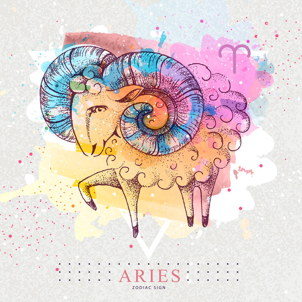 Modern magic witchcraft card with astrology Aries zodiac sign on artistic watercolor background. Realistic hand drawing ram or mouflon. - Διάνυσμα, εικόνα