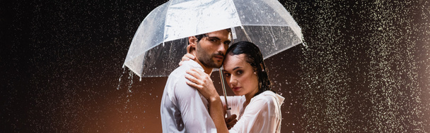 joven pareja en camisas mojadas abrazando y mirando a la cámara mientras está de pie bajo la lluvia con paraguas sobre fondo oscuro, pancarta - Foto, Imagen