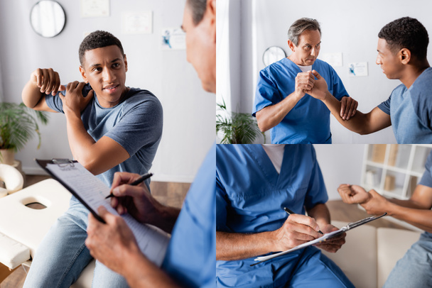 collage of therapist working with injured african american man and writing on clipboard in clinic  - Photo, Image