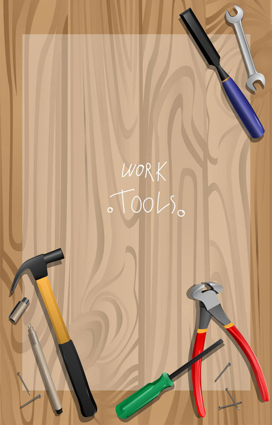 Una serie di strumenti di lavoro, martello, cacciavite, chiodi, pinza, scalpello, chiave inglese, penna sullo sfondo di legno - Vettoriali, immagini