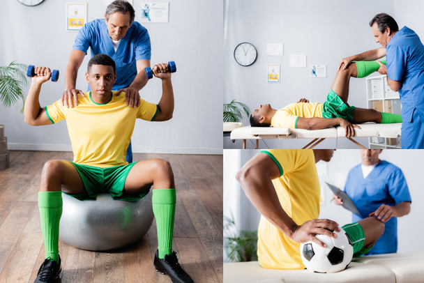 collage of african american sportsman exercising on fitness mat near doctor in clinic  - Foto, Imagem