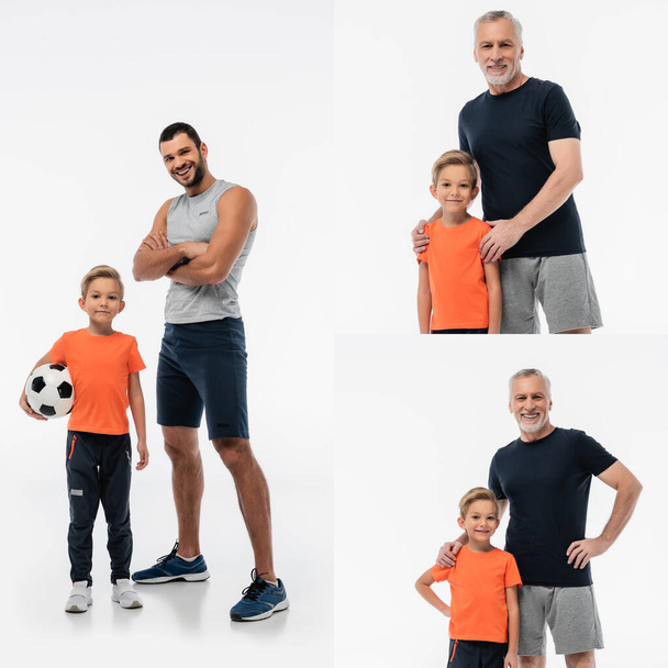 collage van de man in de buurt van zoon met voetbal, en grootvader knuffelen schouders van kleinzoon op wit - Foto, afbeelding