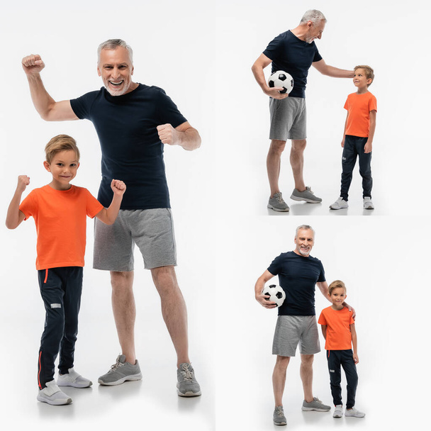 коллаж зрелого мужчины, держащего футбольный мяч и показывающего победный жест вместе с внуком на белом - Фото, изображение