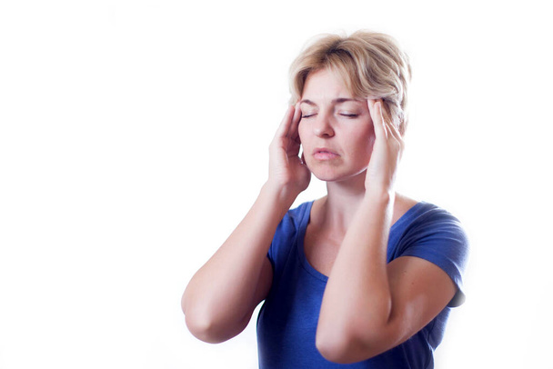 Woman feels strong headache isolated. People, healthcare and medicine concept - Фото, зображення