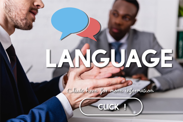 translator gesturing near african american business partner on blurred background, speech bubbles near language lettering and click icon illustration - Foto, imagen