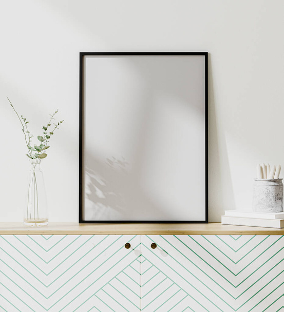 mock up poster frame in modern interior with white wall, scandinavian style, 3d rendering - Photo, Image