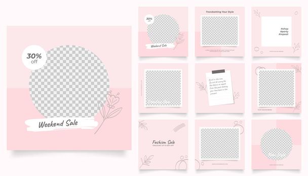 social media template banner fashion sale promotion. fully editable instagram and facebook square post frame puzzle organic sale poster. pink red floral vector background - Vector, Image