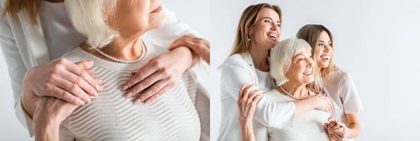 Collage dreier positiver Frauen, die lächeln, während sie sich isoliert auf Weiß umarmen - Foto, Bild