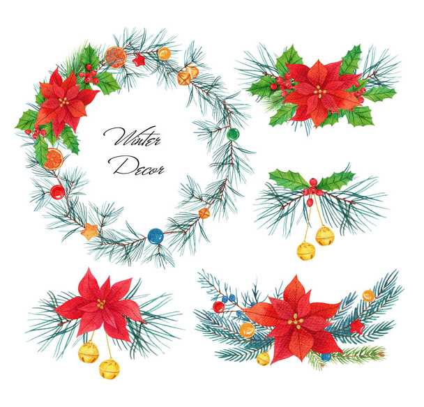 Corona de pino con Poinsettia roja. Ramo de decoración de Navidad  - Foto, imagen