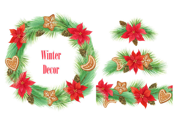 Une couronne d'hiver. Décoration de Noël sans couture, frontière de vacances. Poinsettia rouge - Photo, image