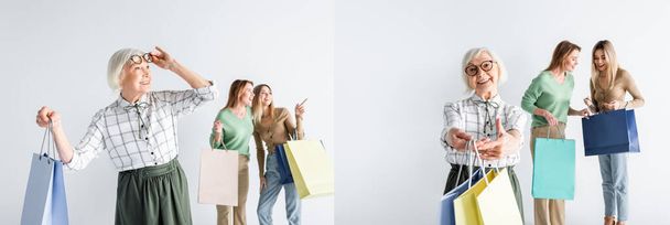 collage of happy senior woman holding shopping bags and adjusting glasses near daughter and granddaughter on blurred background - Photo, image