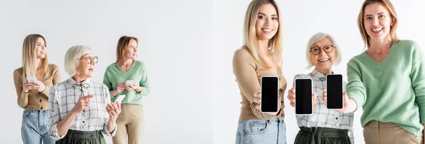 collage of three generation of happy women holding smartphones with blank screen isolated on white - Photo, image