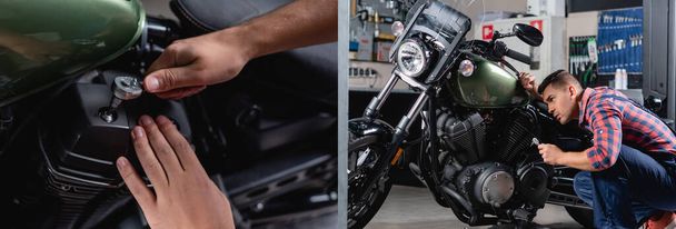 colagem de mecânico usando chave de encaixe ao verificar motocicleta na oficina, banner - Foto, Imagem