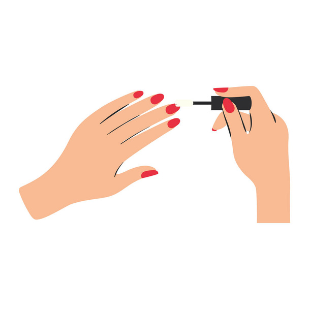 manos pintándose las uñas con un esmalte rojo - Vector, imagen