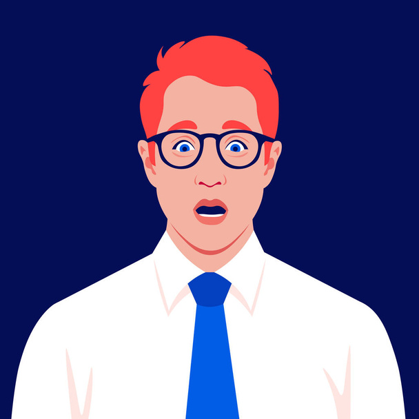 A redhead businessman feels stress. Fear, horror. A frightened man's face. Vector flat illustration - Vector, Image