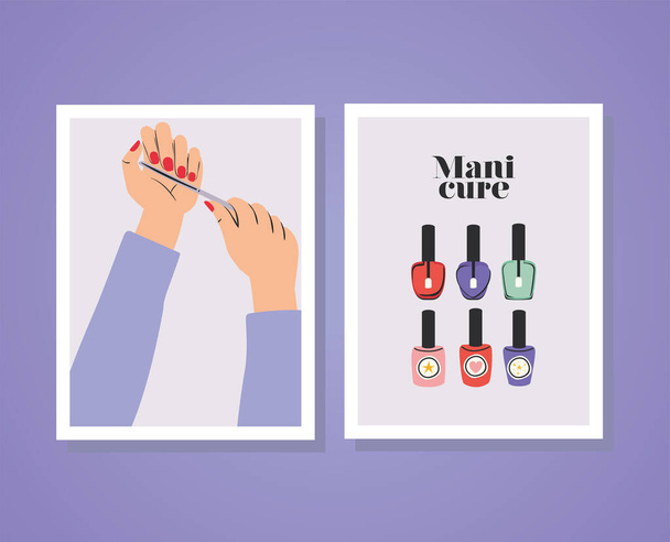 карточки с надписью маникюра и руками с красными гвоздями, одним пилкой для ногтей и набором икон из полированных бутылок - Вектор,изображение