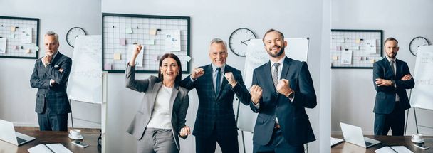 Collage van vrolijke zakenmensen met ja gebaar en zakenmannen met gekruiste armen in het kantoor, spandoek  - Foto, afbeelding