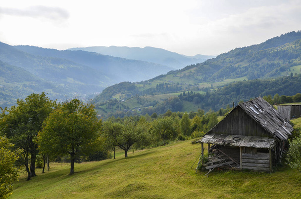 Old wooden house on the edge of the village of Kvasy on the background of high green Carpathian Mountains, Ukraine - Foto, imagen