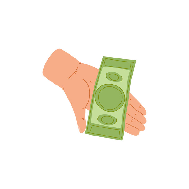 Green money dollar banknote on human hand, flat vector illustration isolated. - Vector, imagen
