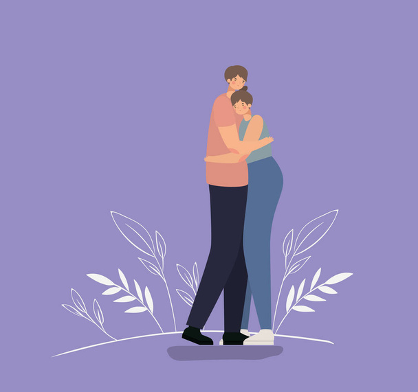 романтическая пара, обнимающая фиолетовый фон - Вектор,изображение